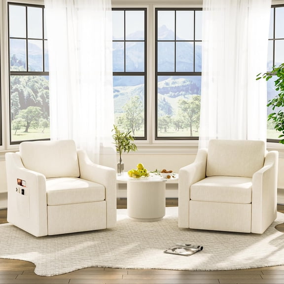 ZBOM 360° Swivel Modern Accent Chair Set of 2, Large Comfy Reading Chairs, Accent Square Single-seat Armchair Upholstered Sofa for Reading, Living Room, Bedroom, Beige