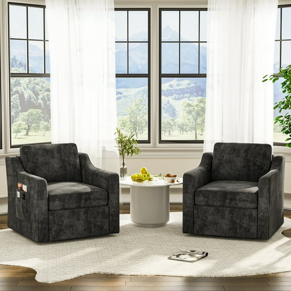 ZBOM 360° Swivel Modern Accent Chair Set of 2, Large Comfy Reading Chairs, Accent Square Single-seat Armchair Upholstered Sofa for Reading, Living Room, Bedroom, Black