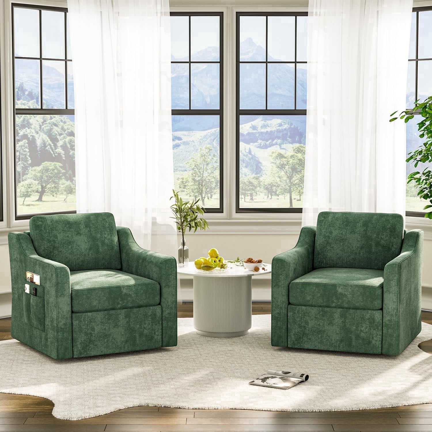 ZBOM 360° Swivel Modern Accent Chair Set of 2, Large Comfy Reading Chairs, Accent Square Single-seat Armchair Upholstered Sofa for Reading, Living Room, Bedroom, Green