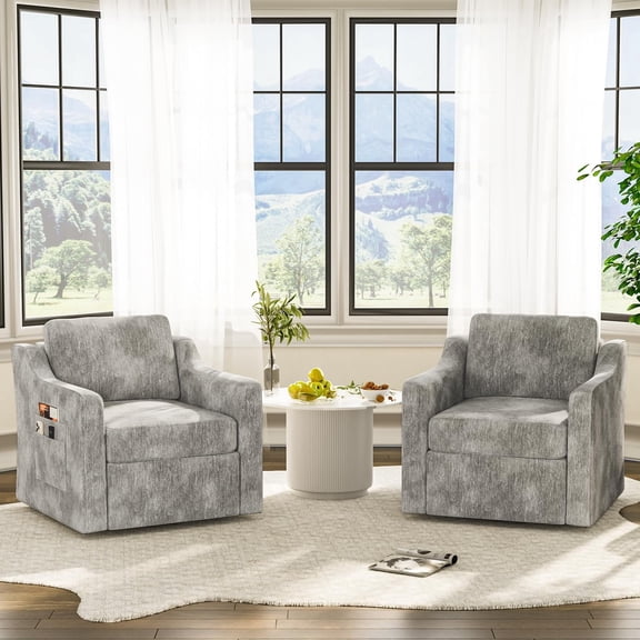 ZBOM 360° Swivel Modern Accent Chair Set of 2, Large Comfy Reading Chairs, Accent Square Single-seat Armchair Upholstered Sofa for Reading, Living Room, Bedroom, Grey