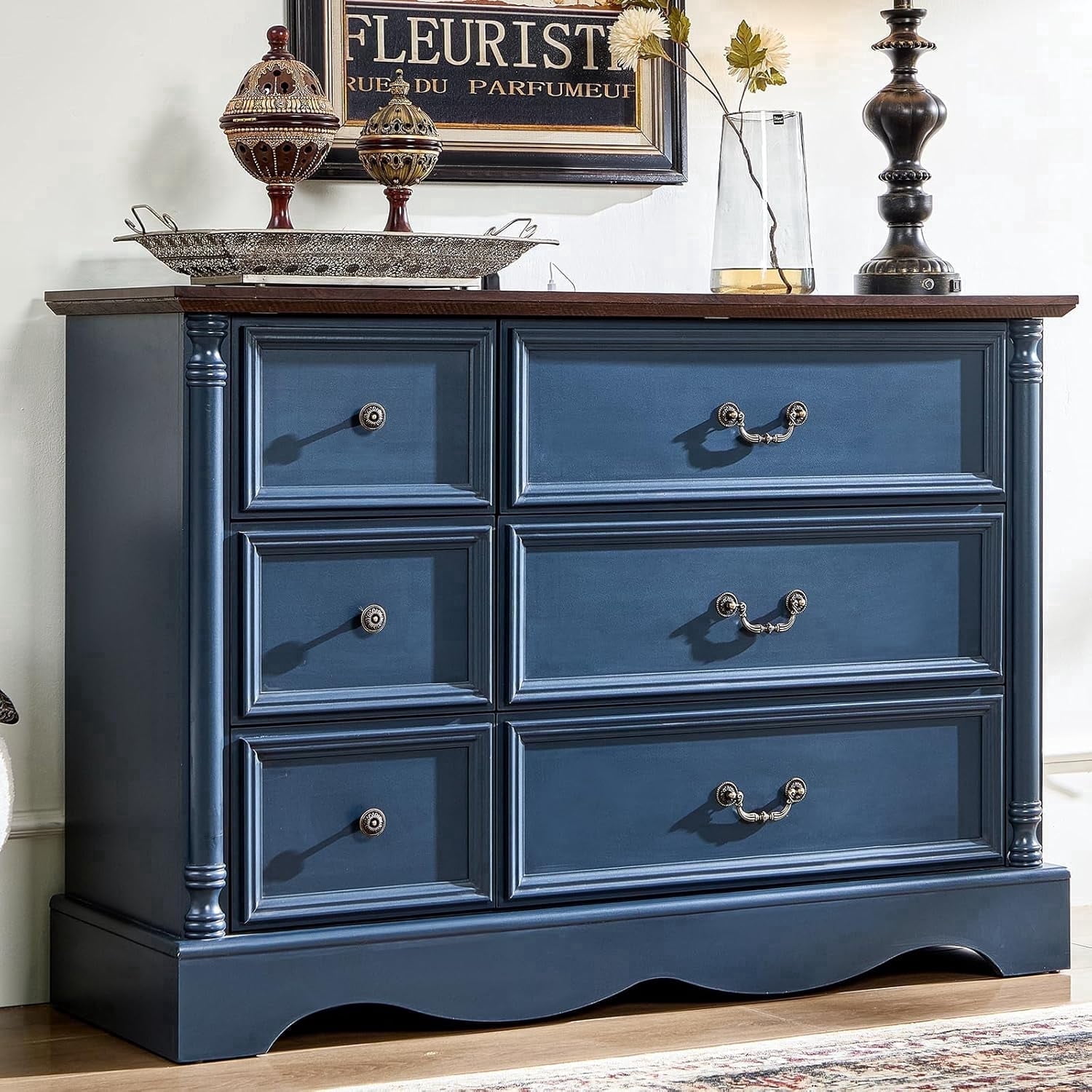 ZBOM 6 Drawer Dresser, Farmhouse Style Chest of Drawers with Charging Station, Modern Storage Dresser Organizer TV Cabinet for Bedroom, Living Room, Hallway，Blue