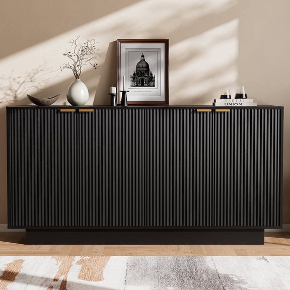 ZBOM 63 Inch Large Recessed Sideboard, Modern Buffet Table Coffee Bar Bar Storage Cabinet with 4 Doors for Dining Room, Living Room, Kitchen - Black