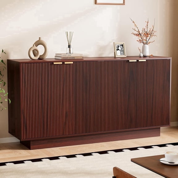 ZBOM 63 Inch Large Recessed Sideboard, Modern Buffet Table Coffee Bar Bar Storage Cabinet with 4 Doors for Dining Room, Living Room, Kitchen - Walnut