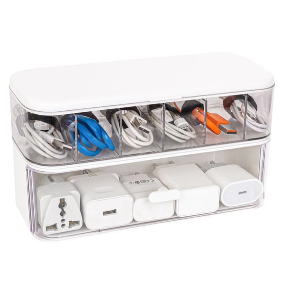 ZBRANDS Charger Organizer Box Drawer for Cords 23 CM, stackable Charging Cord Organizer Box with 6 Slots and Spacious Bottom Storage, Smart Cord Storage for Cable and Tech, with Cable Ties or Straps
