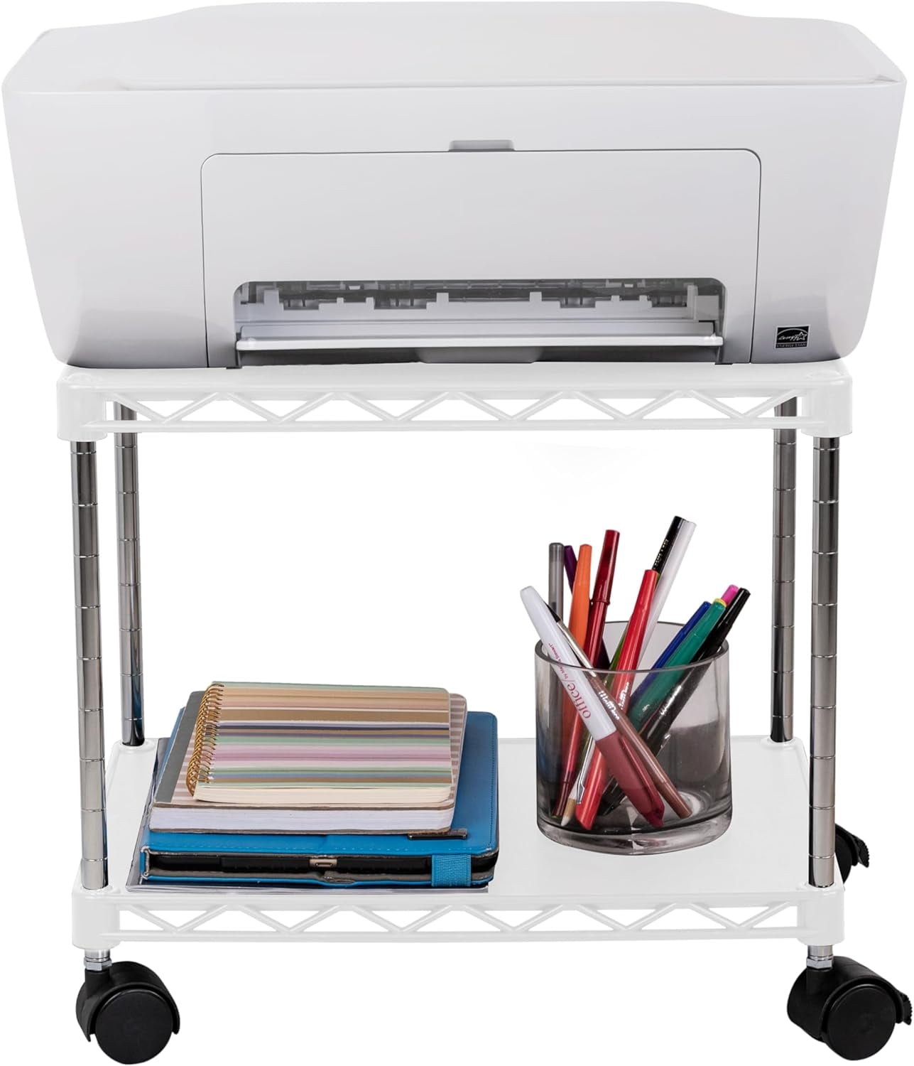 "ZBRANDS Mobile Printer Stand, Under Desk, Rolling Wheels, 15""x10.6"", Mini White"
