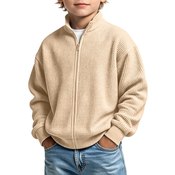 ZBSOKO Boys Jackets Full Zip Stand Collar Long Sleeve Casual Jacket Waffle Knit Solid Color 3-14Years Stylish Outerwear for Fall Winter