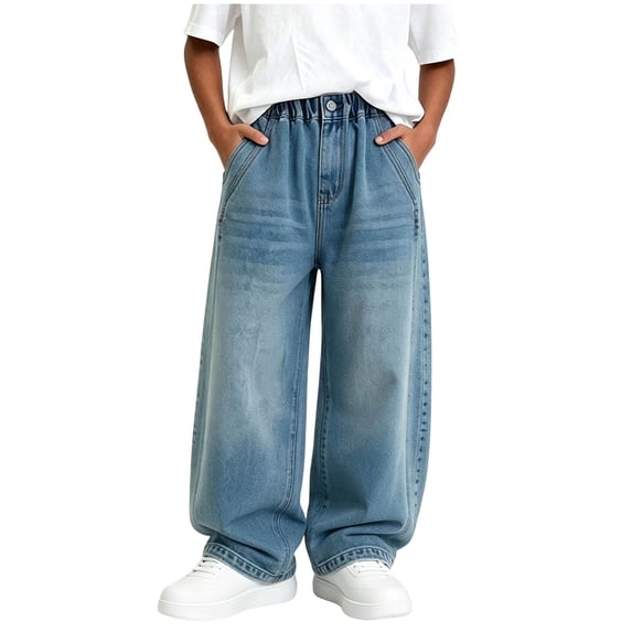 ZBSOKO Boys Loose Fit Jeans Wide Leg Elastic Waist Baggy Denim Pants Full Length Open Bottom Fashion Trousers with Pockets Sizes 5-14