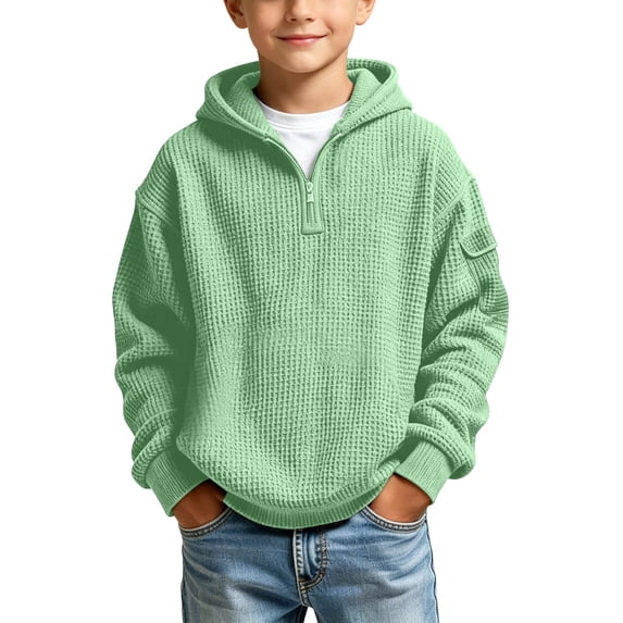 ZBSOKO Boys Pullover Hoodies 3-14Years Waffle Knit Quarter Zip Long Sleeve Sweatshirts with Pockets Solid Color Loose Fit Winter Tops