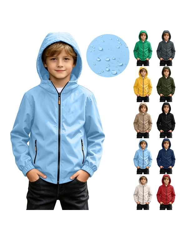 Boys Rain Coats Full Zip Hooded Windbreaker Water Resistant Long Sleeve Outdoor Jackets with Zipper Pockets for Travel Hiking