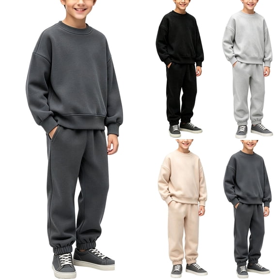 ZBSOKO Boys' Sweatsuit Crewneck Long Sleeve Pullover Sweatshirt & Sweatpants 2 Piece Set Solid Color Tracksuit Loose Fit Outfits 2-10 Years