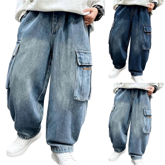 ZBSOKO Cargo Joggers for Boys Open Bottom Wide Leg Fashion Jeans with Flap Pockets Loose Fit Utility Trousers Sizes 7-17 Years