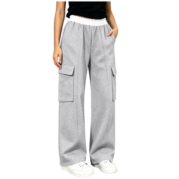 ZBSOKO Cargo Pants for Girls Wide Leg Elastic Waist Straight Leg Loose Fit Pant with Multi Pockets Outdoor Open Bottom Casual Trousers