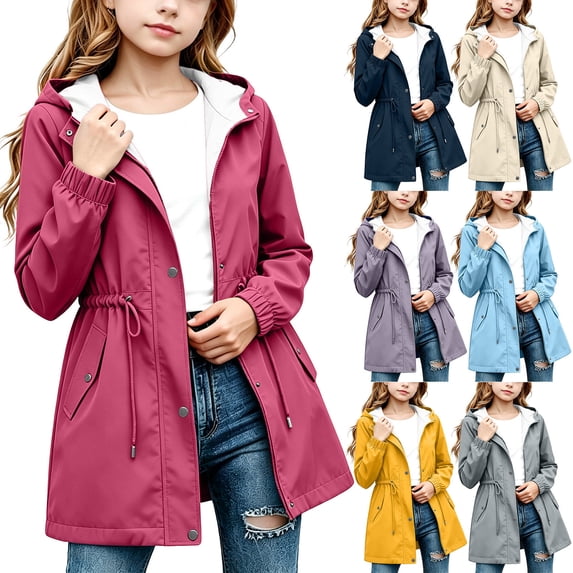 ZBSOKO Girl Rain Jackets Waterproof Hooded Windbreaker Cinched Waist Full Zip Outdoor Raincoats with Pockets for Hiking Sizes 5-16 Years