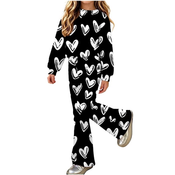 ZBSOKO Girls 2 Piece Outfits Cute Print Fashion Sets Crew Neck Pullover Shirts and Flare Pants Casual Fall Winter Streetwear Sizes 5-15 Years