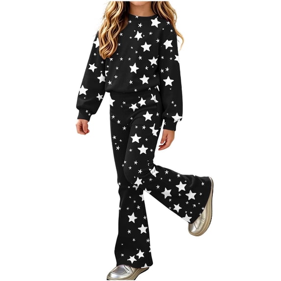 ZBSOKO Girls 2 Piece Outfits Cute Print Fashion Sets Crew Neck Pullover Shirts and Flare Pants Casual Fall Winter Streetwear Sizes 5-15 Years