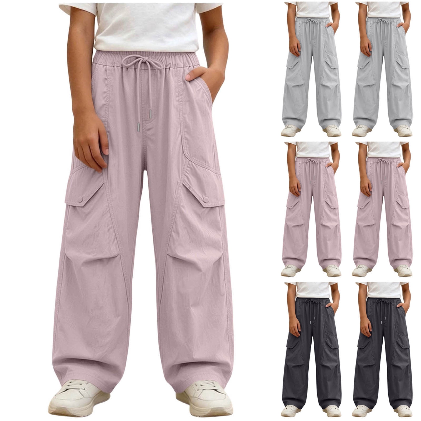 Girls Cargo Pants Wide Leg Elastic Waist Utility Pant with Multi Pockets Loose Fit Solid Color Streetwear for Teen 5-16 Years