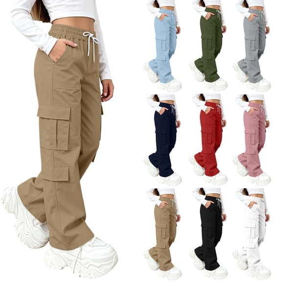 ZBSOKO Girls Cargo Pants Wide Leg Elastic Waist Utility Pant with Multi Pockets Straight Leg Casual Outdoor Trousers Sizes 5-15 Years