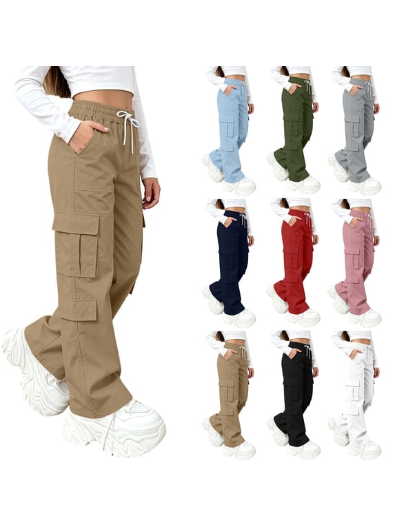 Girls Cargo Pants Wide Leg Elastic Waist Utility Pant with Multi Pockets Straight Leg Casual Outdoor Trousers Sizes 5-15 Years