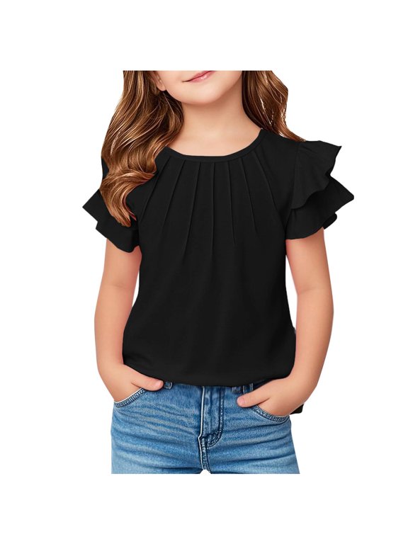 Girls Fashion Tops Double Layer Ruffle Short Sleeve T Shirts Flutter Sleeve Pleated Cute Tee Sizes 5-13 Crewneck Casual Shirt