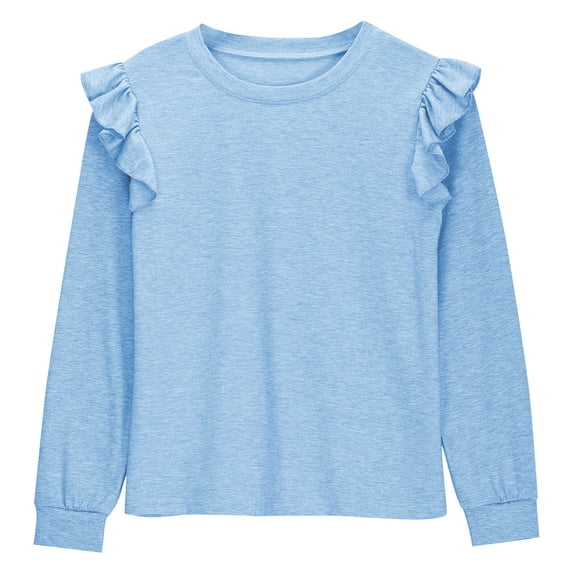 ZBSOKO Girls Long Sleeve Tops Flutter Ruffle Long Sleeve Stretch Shirts Solid Color Casual Crewneck Textured Shirt Fashion Pullover Tee