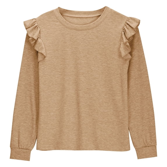 ZBSOKO Girls Long Sleeve Tops Flutter Ruffle Long Sleeve Stretch Shirts Solid Color Casual Crewneck Textured Shirt Fashion Pullover Tee