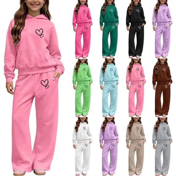 ZBSOKO Girls Sweat Suits Heart Print Pullover Hoodie & Wide Leg Pants 2 Piece Set Fashion Warm Tracksuits with Pocket for Jogging