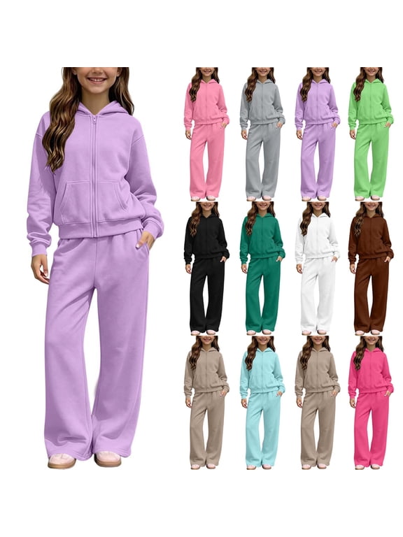 Girls Tracksuits Full Zip Fleece Hoodie Wide Leg Sweatpants 2 Piece Set Solid Color Casual Active wear with Pocket Sizes 5-14 Years