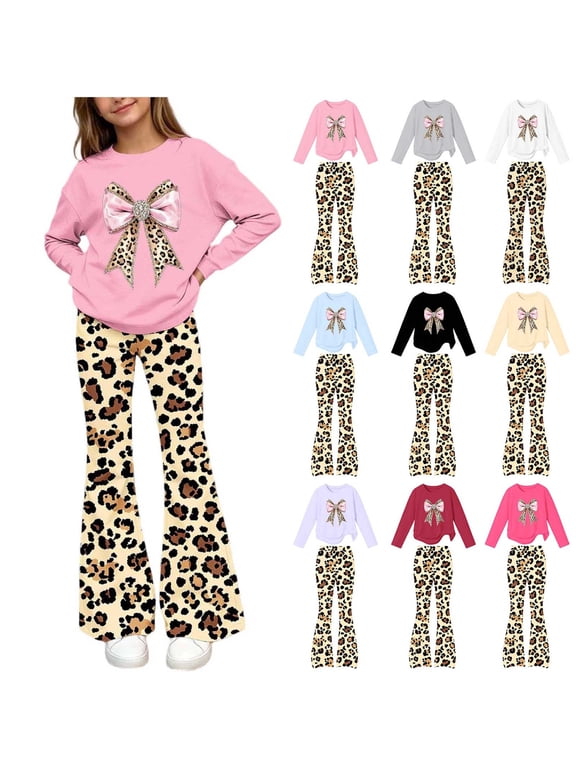 Girls Two Piece Sets Leopard Print Fashion Outfits Crew Neck Bow Long Sleeve Sweatshirt and Flare Pants Set for Kids Teen 5-15 Years
