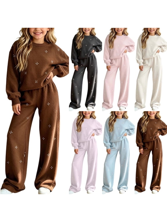 Girls Winter Outfits Crew Neck Knit Sweater and Wide Leg Pant Casual Set Loose Fit Fashion Comfy Outfit for Kids Teen 5-14 Years