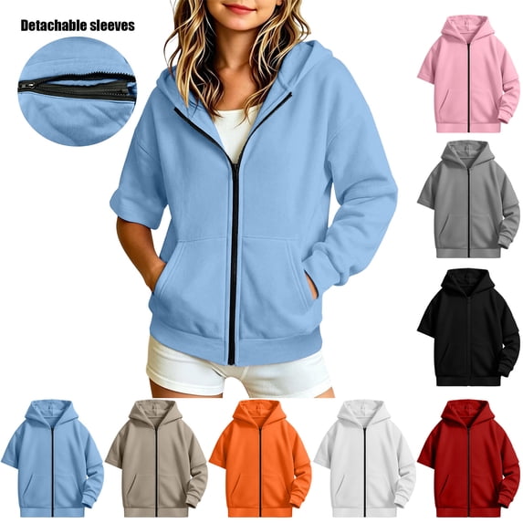 ZBSOKO Girls Zip Up Hoodie Detachable Sleeves Solid Color Hooded Jacket with Pockets Casual Loose Fit Outerwear for Winter Daily Wear