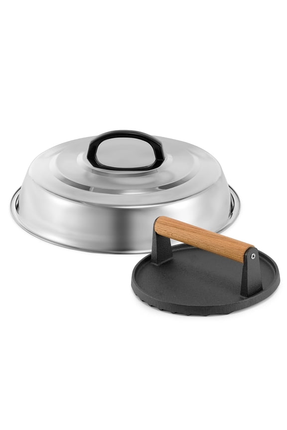 12" x 12" Round Non Stick Stainless Steel Grill Press with Non Slip Wooden Handle