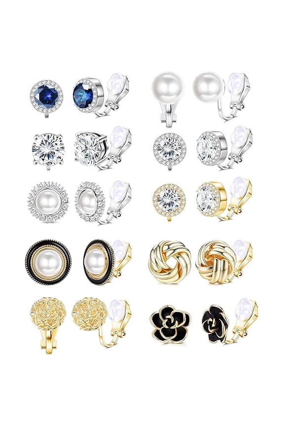 10 Pairs Clip Earrings for Women Clip On Earrings for Non Pierced CZ Flower Simulated Freshwater Pearl Twist Knot Clip Earrings Sets Gold Silver Tone