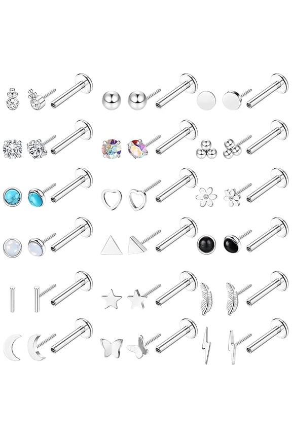 20G Threadless Flat Back Earrings for Women Men - Hypoallergenic Surgical Steel Push in Nose Stud Rings Labret Cartilage Lip Rings Medusa Nostril Conch Tragus Piercing Jewelry 18 Pairs