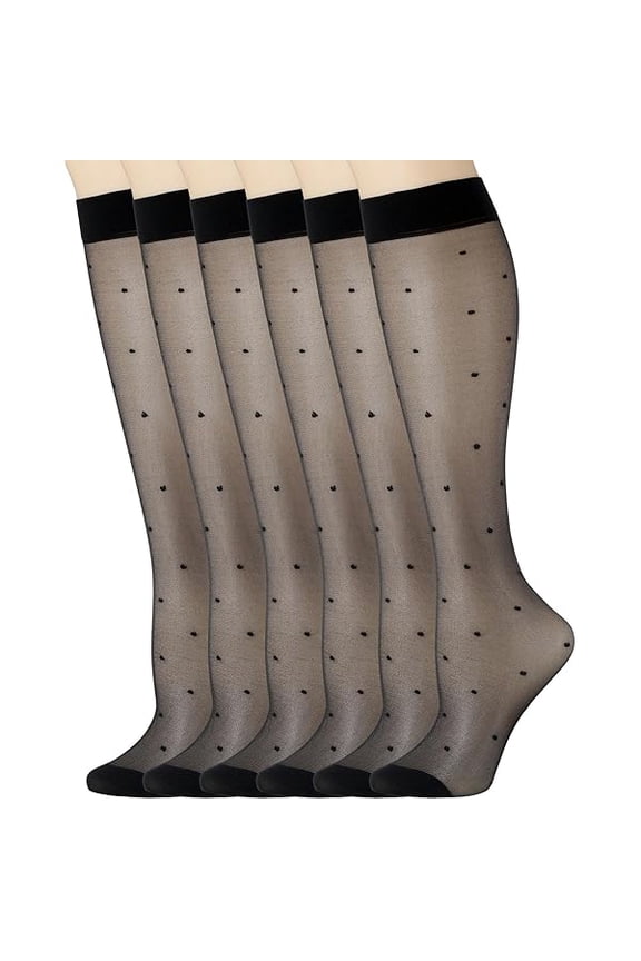 3 Pairs Women's Dot Knee High Socks Black Polka Dot Patterned Sheer Tube Stockings 15 Denier Nylon Sheer Thin Cool Knee High Stockings Summer Gift for Women