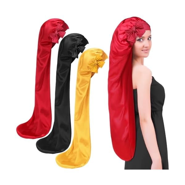 ZC 3 Pcs 35 Inches Extra Long Satin Braid Bonnet for Sleeping Silk Hair Bonnet for Women with Tie Band Foldable Braids Hair Sleep Tie, Black, Wine Red and Gold
