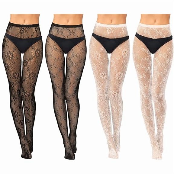 ZC 4 Pack Women Lace Tights White Black Fishnet Stockings Floral Mesh Pantyhose Stockings Leggings Bow Patterned Tights for Women Halloween