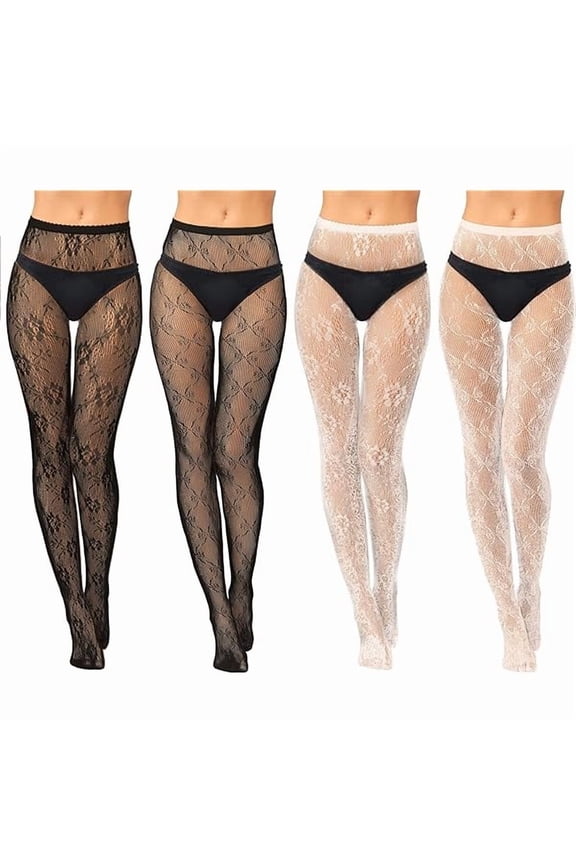 4 Pack Women Lace Tights White Black Fishnet Stockings Floral Mesh Pantyhose Stockings Leggings Bow Patterned Tights for Women Halloween