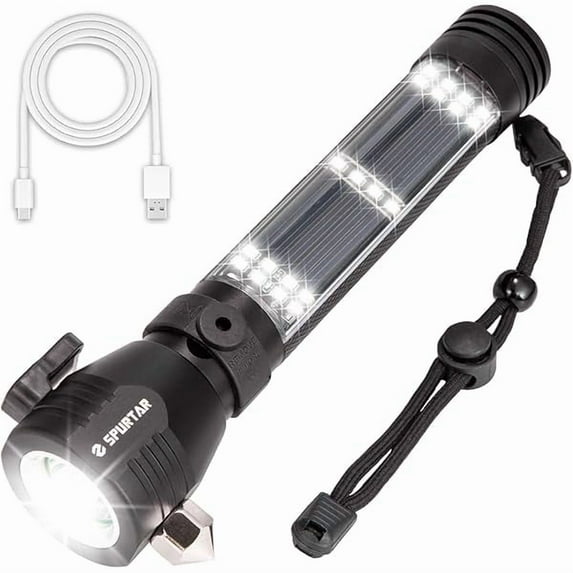 ZC 7 Modes Solar Flashlights with Car Safety Hammer, Seatbelt Cutter, Compass & Magnet, 2000 mAh Multi Function Tactical Flashlight, Emergency Flashlight for Car, LED Flashlight, Black