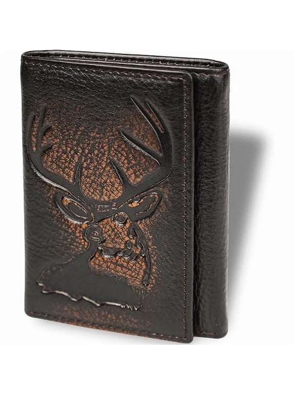 Deer Trifold Wallets for Men Full Grain Leather with Hand Burnished Tri-Fold Wallet RFID Blocking (Black and Brown)