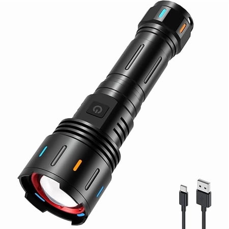 ZC F60 Zoom Rechargeable Flashlight, 6000 Lumens Super Bright LED Flashlights, 5 Modes Zoomable Waterproof Tactical Flash Lights Torch for Emergency, Outdoor, Home, Camping, Hiking