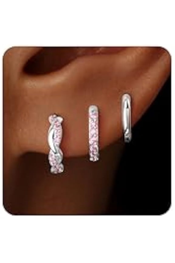 Gold Huggie Hoop Earrings Set for Women, Dainty Small Sterling Silver Earring Stacks Hypoallergenic Jewelry for Multiple Piercings, Trendy Twisted Cute Cartilage Hoops Birthstone Gift 3 Pairs