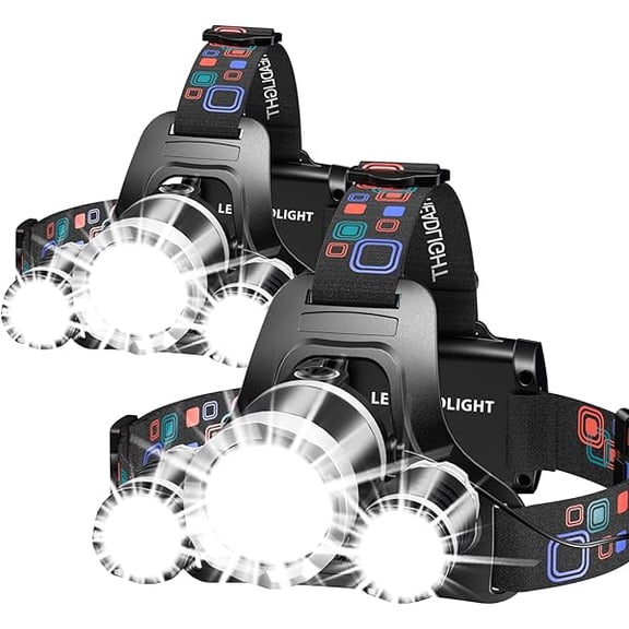 ZC Headlamp Rechargeable, 2 Pack 3000LM Bright Headlight, Lightweight Flashlight with 3 Powered LED, Waterproof 90Adjustable 4 Modes & Tail Lights Head Lamp for Camping Outdoor Running