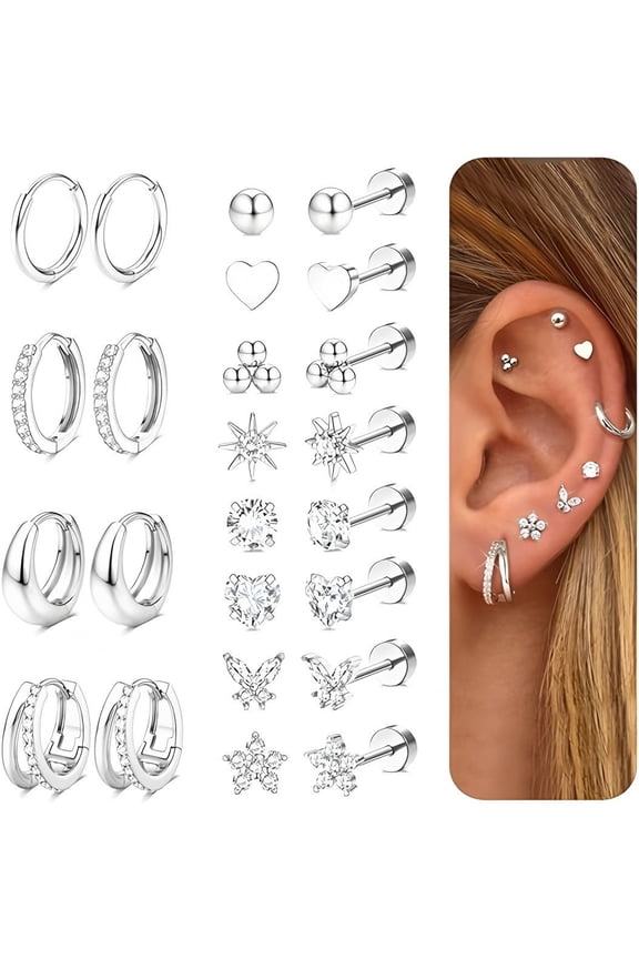 Hypoallergenic Flat Back Earrings for Women Cartilage Earrings Stacks-20G Surgical Stainless Steel Flatback Stud Hoop Earring Set Daith Conch Tragus Helix Piercing Jewelry