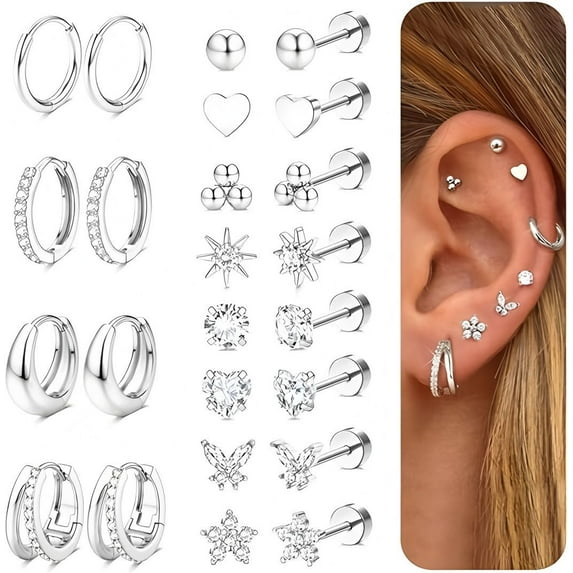 ZC Hypoallergenic Flat Back Earrings for Women Cartilage Earrings Stacks-20G Surgical Stainless Steel Flatback Stud Hoop Earring Set Daith Conch Tragus Helix Piercing Jewelry