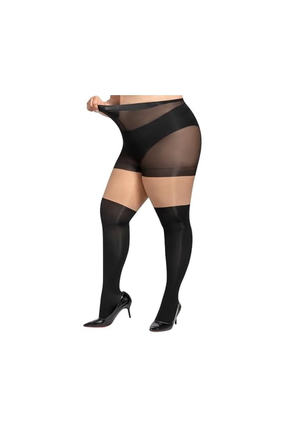 Plus Size Faux Thigh High Tights Goth Mock Over Knee Stockings Black Sheer Suspender Pantyhose for Women