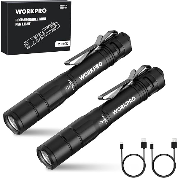 ZC Rechargeable Pen Light, Mini Flashlight, 2 Pack Ultra-Compact EDC Flashlight, Pocket Flashlight with Clip, Memory Function and 2 x USB C Cable Included, Black