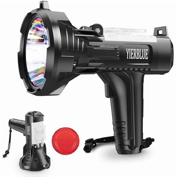 ZC Rechargeable Spotlight Flashlight 900000 High Lumen with Side Flood Light, IP66 Waterproof Spot Lights 20 Hours Long Lasting, with Foldable Stand and Detachable Red Filter