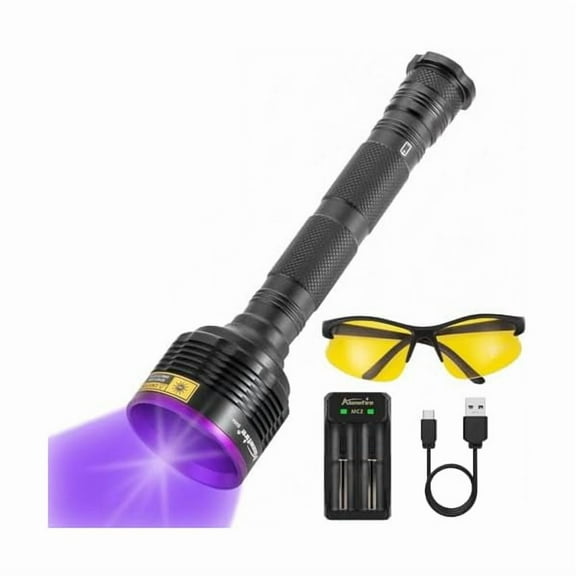 ZC SV44 20W 365nm UV Flashlight USB Rechargeable Ultraviolet Black Light Pet Urine Detector for Resin Curing, Fishing, Scorpion, Dry Glue with UV Protective Glasses, Battery Included, Charger