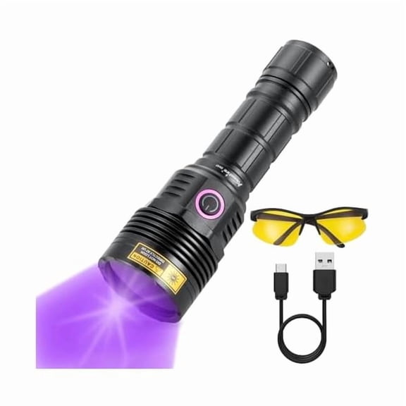 ZC SV47 12W 365nm UV Flashlight USB C Rechargeable Long Range Black Light Pet Urine Detector for Resin Curing, Fishing, Scorpion, Minerals, Bed Bugs, Leaks with UV Protective Glasses, Battery