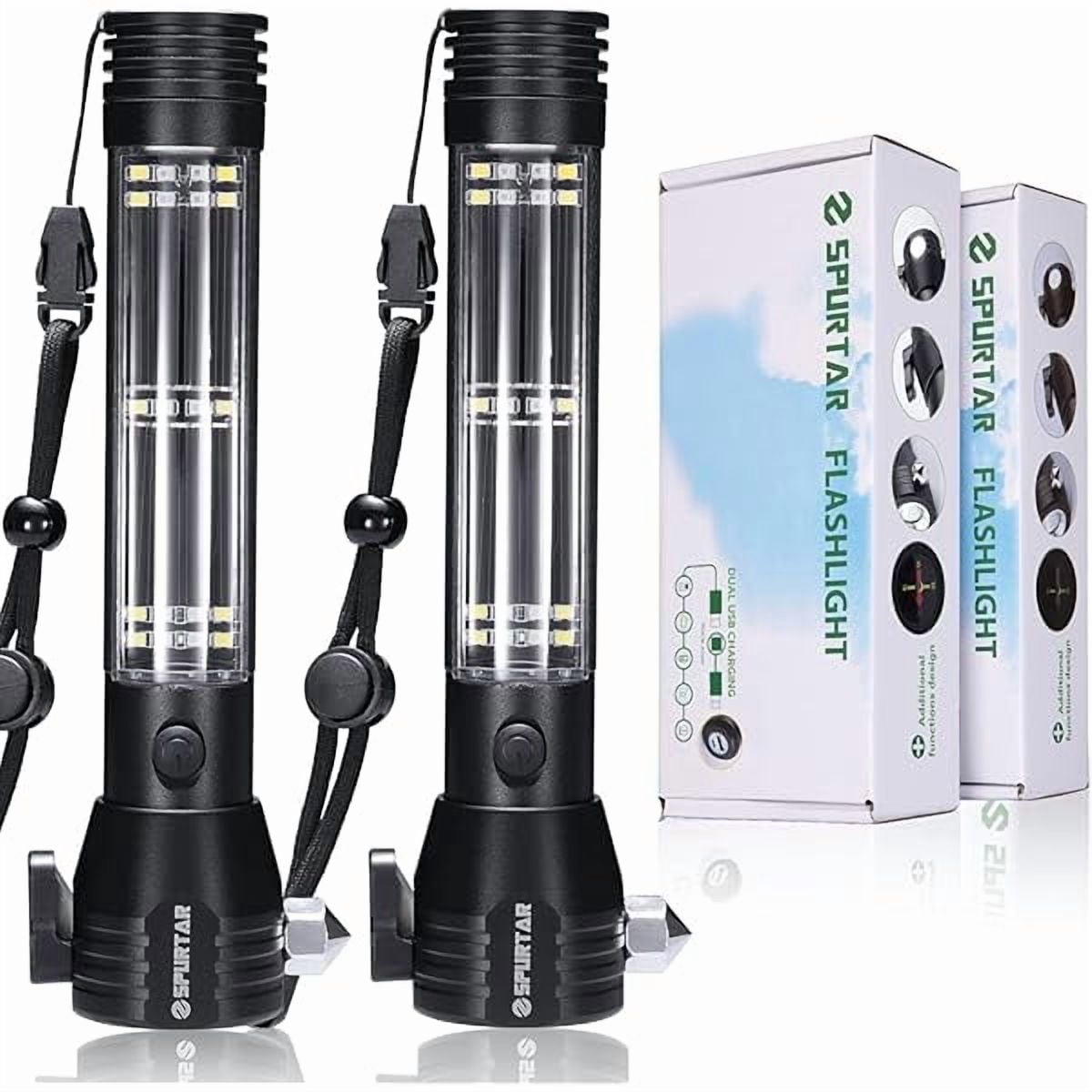 ZC Solar Powered Flashlight 2 Packs 2000mah USB Rechargeable Tactical Torch, Emergency Flashlights with Car Hammer Seat Belt Cutter Compass & Magnet 7 Modes, Emergency Car Kit